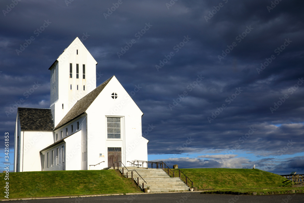 Skálholtdómkirkja / Iceland - August 25, 2017: A typical islandic churc on a hill named Skálholt Cathedral, Skálholtdómkirkja, Iceland, europe