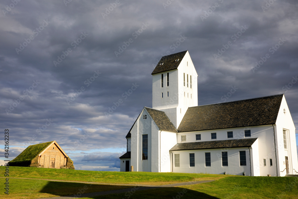 Skálholtdómkirkja / Iceland - August 25, 2017: A typical islandic churc on a hill named Skálholt Cathedral, Skálholtdómkirkja, Iceland, europe Skálholtdómkirkja / Iceland - August 25, 2017: A typical islandic churc on a hill named Skálholt Cathedral, Skálholtdómkirkja, Iceland, europe