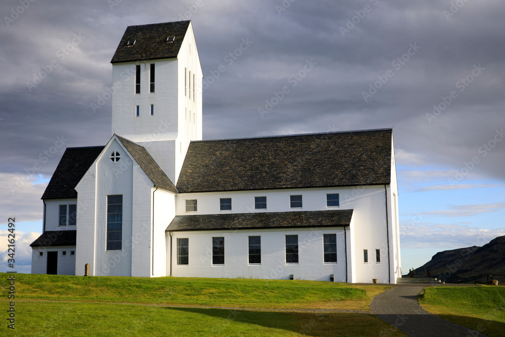 Skálholtdómkirkja / Iceland - August 25, 2017: A typical islandic churc on a hill named Skálholt Cathedral, Skálholtdómkirkja, Iceland, europe