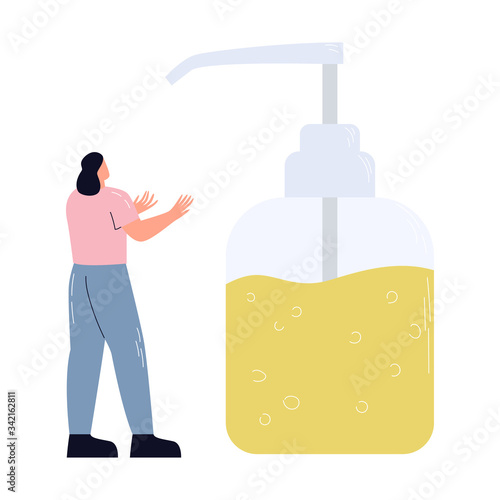 Woman using sanitizer. Woman standing near giant tank with sanitizer, Preventive measures, human protection from disease. Virus epidemic concept. Prevention concept. Flat vector illustration