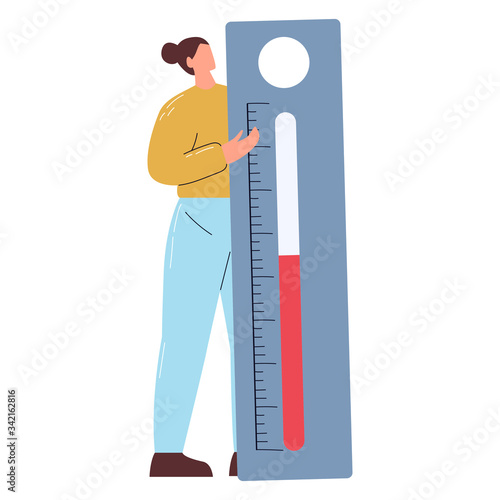 Woman holding a giant thermometer. Thermometer showing warm temperature. Concept of warm weather or high temperature. Flat vector illustration