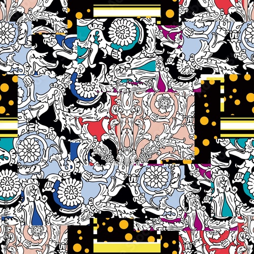 Abstract ethnic spanish patchwork tile wallpaper, vector seamless pattern. Pea patchwork ornament bright flaps with stripes, arabesques, mosaic suitable textiles.Patchwork paisley and border pattern.