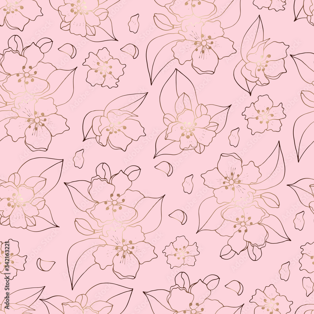 Delicate seamless print with Golden Sakura on a pink background Delicate seamless print with Golden Sakura on a pink background