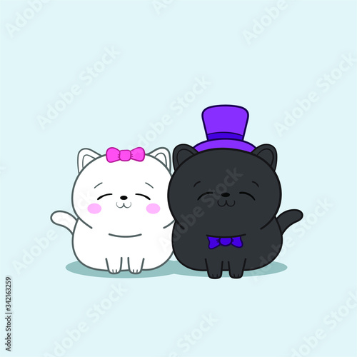 Two kawaii cats in wedding dresses. Greeting card for a wedding, invitation card. Flat lay, top view.