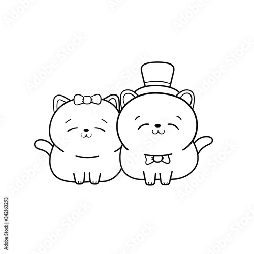 Two kawaii cats in wedding dresses. Greeting card for a wedding, invitation card. Coloring book. Flat lay, top view.