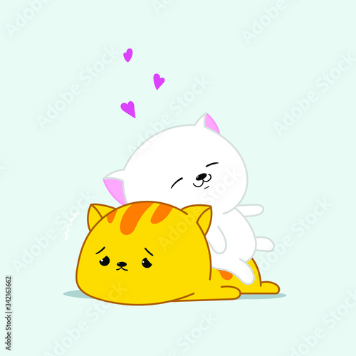 Two happy and loving kawaii cats. Greeting card, invitation card. Flat lay, top view.