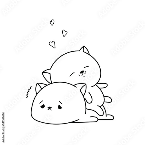 Two happy and loving kawaii cats. Greeting card, invitation card. Coloring book. Flat lay, top view.