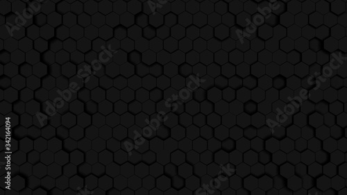 Deep dark Hexagonal cell texture. Honeycomb black background. Isometric geometry. 3D illustration. pattern abstract