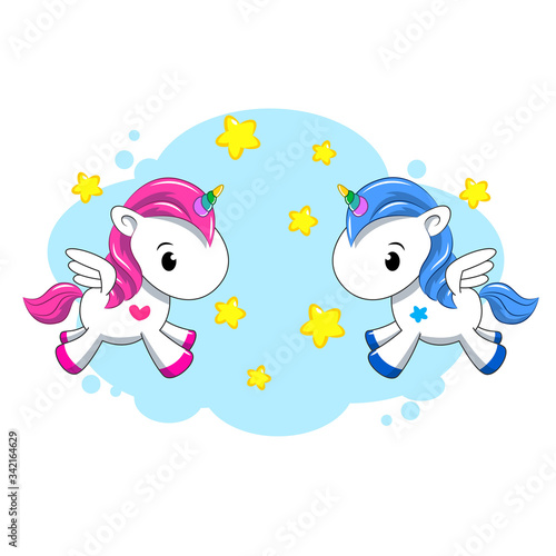 Two Little pink and blue unicorn on a rainbow. Cartoon. Girl and boy. Love. Flat lay  top view