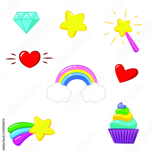 Set of little princess and unicorn. Magic wand, heart, diamond, cupcake, rainbow, star. Icon, sticker, cartoon. Flat lay, top view