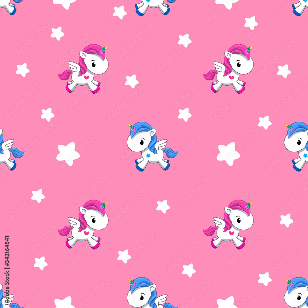 Pattern of a small unicorn on a pink background. Cartoon drawing. Postcard, pattern. Flat lay, top view Pattern of a small unicorn on a pink background. Cartoon drawing. Postcard, pattern. Flat lay, top view