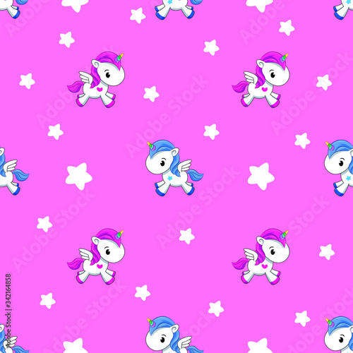 Pattern of a small unicorn on a pink background. Cartoon drawing. Postcard, pattern. Flat lay, top view