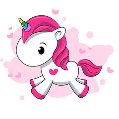Little pink unicorn on a white background. Cartoon. Girl. Flat lay, top view
