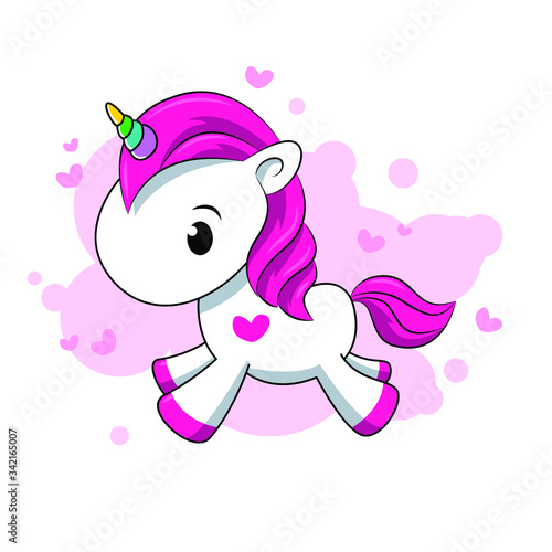 Little pink unicorn on a white background. Cartoon. Girl. Flat lay, top view