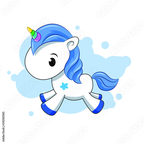 Little blue unicorn on a white background. Cartoon. Boy. Flat lay, top view