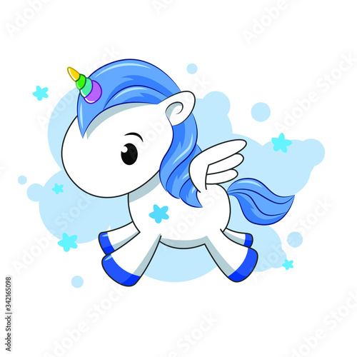 Little blue unicorn with wings on a white background. Cartoon. Boy. Flat lay, top view