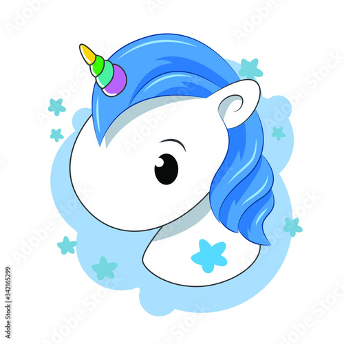 Head Little blue unicorn on a white background. Cartoon. Boy. Flat lay, top view