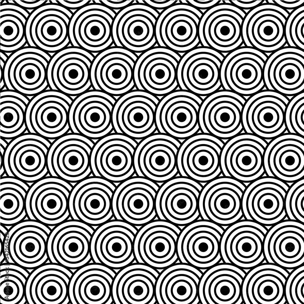 Black-white seamless pattern of circles. Flat lay, top view