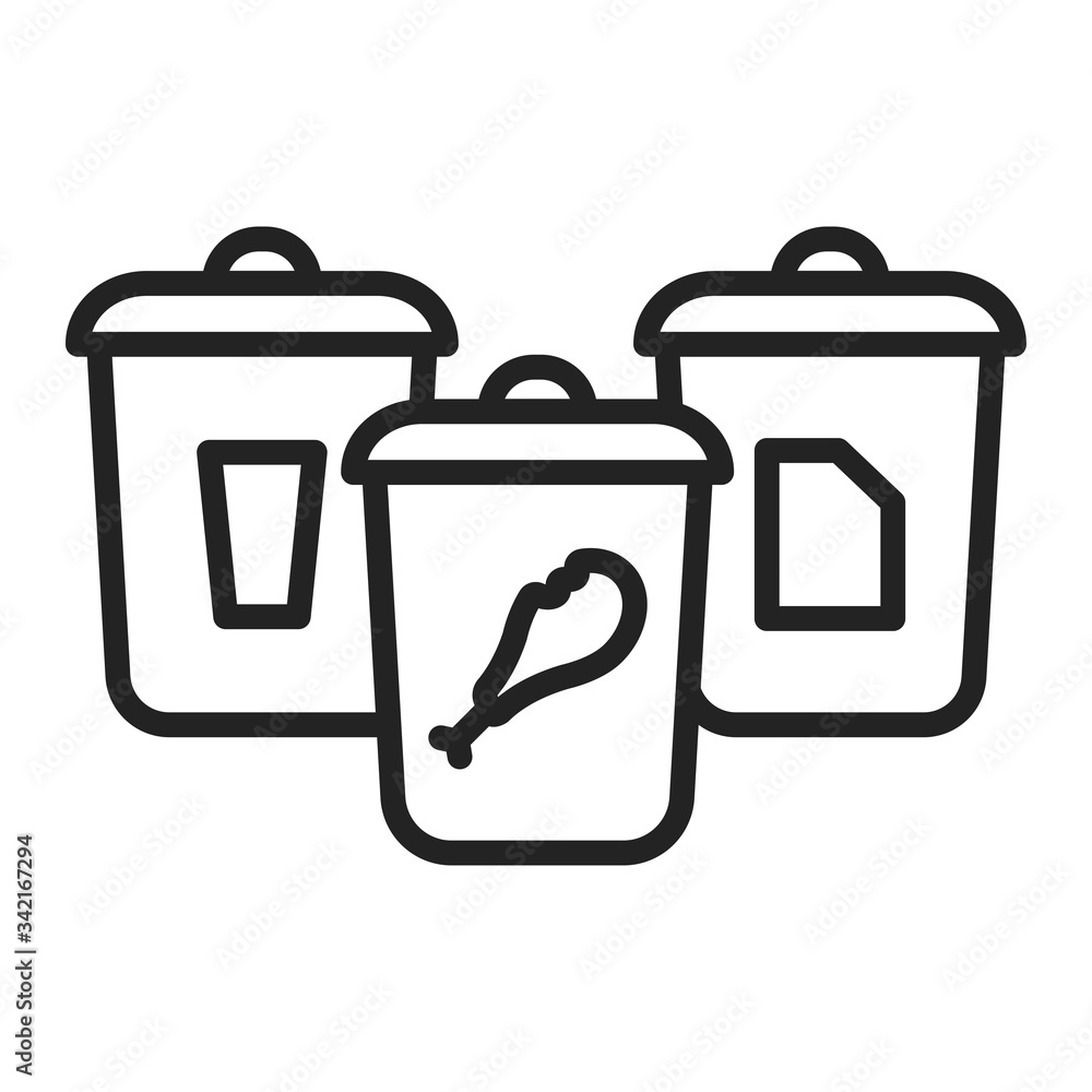 Garbage sorting: paper, glass, food black line icon. Waste recycling. Outline pictogram for web page, mobile app, promo. Garbage sorting: paper, glass, food black line icon. Waste recycling. Outline pictogram for web page, mobile app, promo.