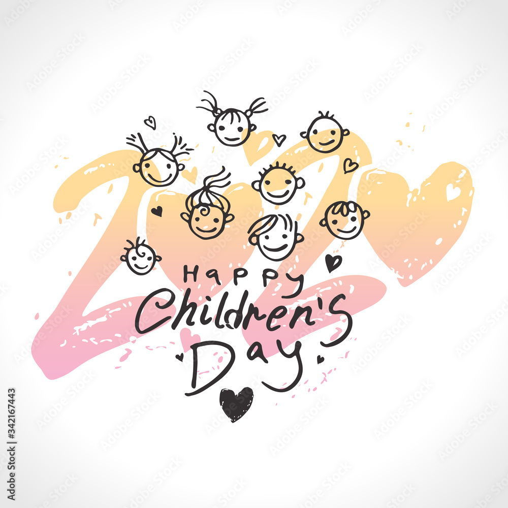 Big gentle hearts 2020 for children's day. Beautiful logo. Joyful smiling boys and girls template to the International Children's Day 2020. Vector inscription and globe and funny kids.
