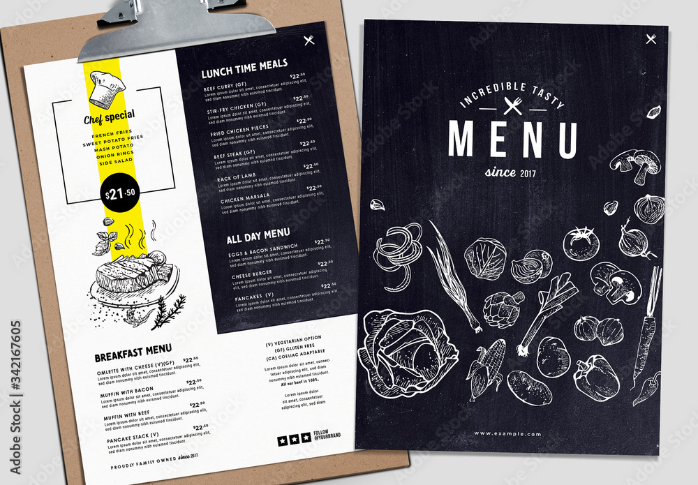 Food Menu Layout with Chalkboard Texture and Illustrations Stock ...