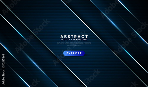 Geometric navy blue abstract background with metallic lines. Overlap layer on dark space with light effect decoration. Modern graphic design template elements for poster, flyer, brochure, or banner