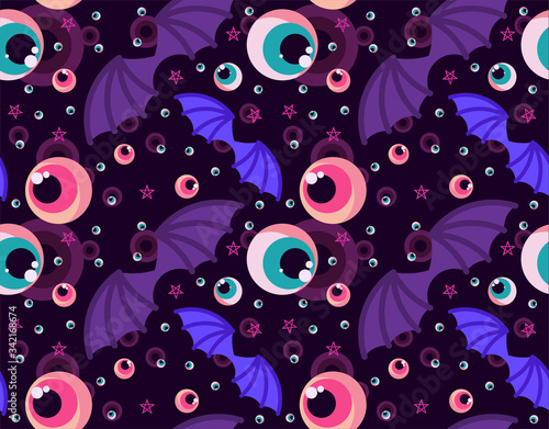 Vector illustration. Seamless pattern with occult symbols. Eyeballs, bat wings. On a dark gloomy background.