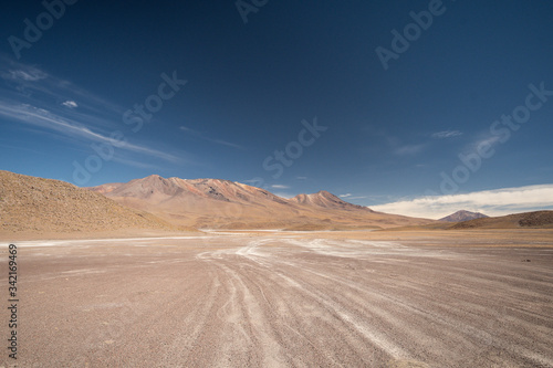 High Andean altiplano desert in Bolivia with jeep tracks on Ruta de Las Lagunas