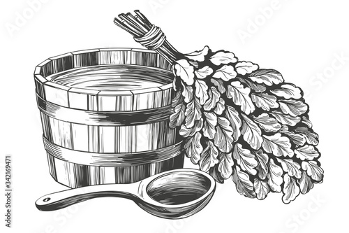 bath accessories, Russian sauna, water, steam broom, hand drawn vector illustration realistic sketch