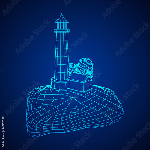 Lighthouse on rock stones island landscape. Navigation Beacon building. Wireframe low poly mesh vector illustration.