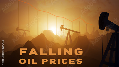 3d illustration. Oil barrel price falls down the chart