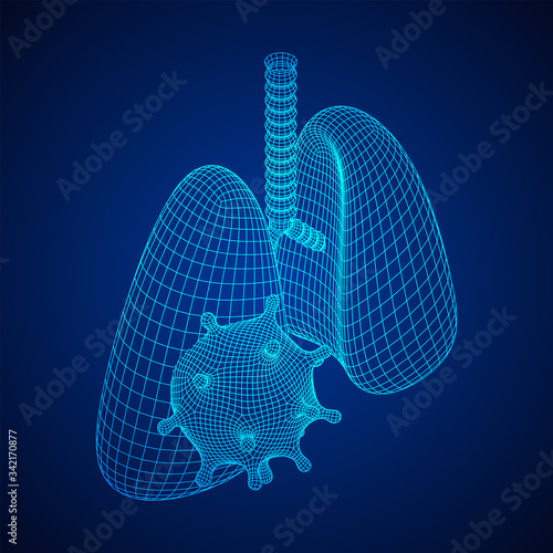 Corona Virus and Lungs with trachea bronchi internal organ human. Covid virus pulmonology medicine science concept. Wireframe low poly mesh vector illustration.