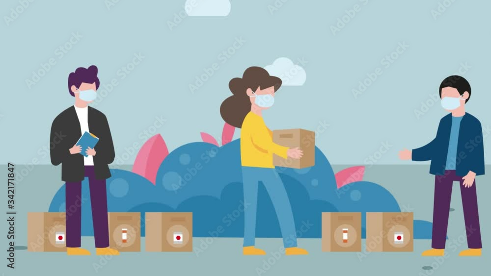 Personas con cubrebocas ayudando con medicinas y comida para las personas enfermas por la contingencia del Covid