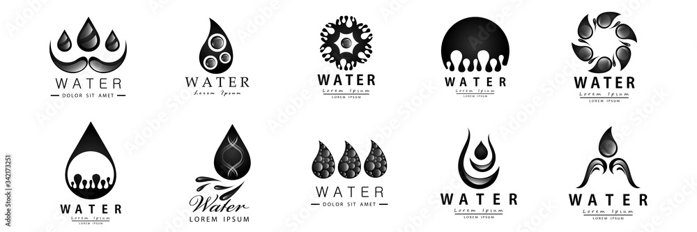 Water Splash Vector And Drop Set - Isolated On White Background. Vector Collection Of Flat Water Splash and Oil Drop Logo. Icons For Droplet, Water Wave, Rain, Raindrop, Company Logo And Bubble Design Water Splash Vector And Drop Set - Isolated On White Background. Vector Collection Of Flat Water Splash and Oil Drop Logo. Icons For Droplet, Water Wave, Rain, Raindrop, Company Logo And Bubble Design