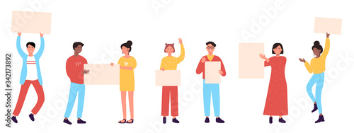 Cartoon characters with empty banners set vector illustration. Men and women holding clean placards blank posters banners in hands. People crowd activists demonstration mass protest, revolution