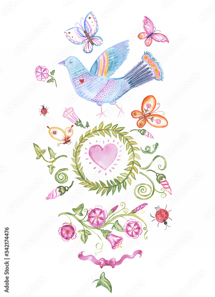 hand drawn watercolor set with dove, field weed ,butterflies and ladybugs.decorative elements for wedding invitations,greeting cards,textile hand drawn watercolor set with dove, field weed ,butterflies and ladybugs.decorative elements for wedding invitations,greeting cards,textile