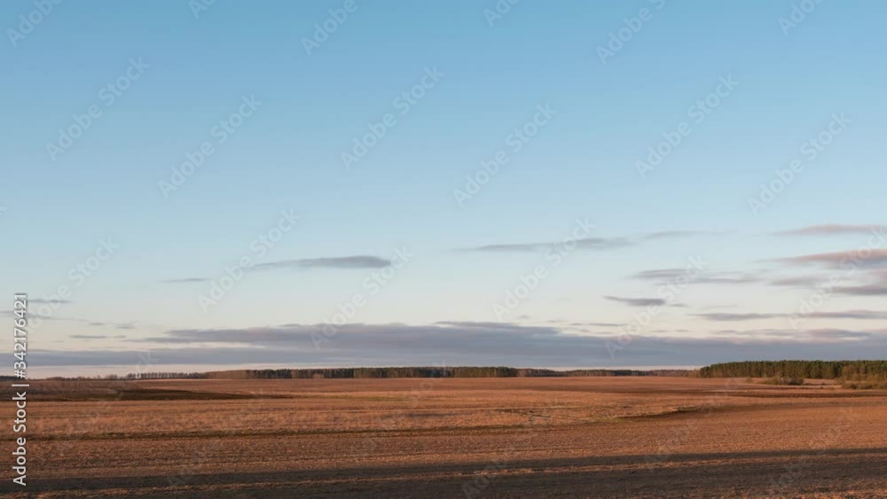clouds floating over a field with crops at dawn