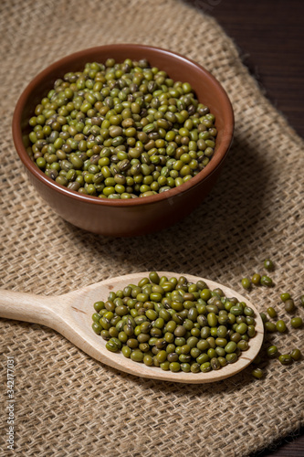 Mung beans in a bowl and spoon