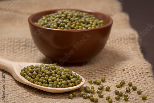 Mung beans in a bowl and spoon