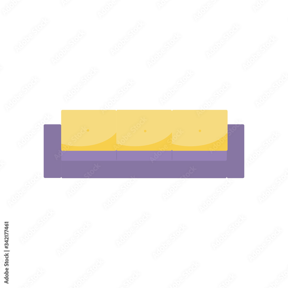 Vector illustration of a yellow sofa with gray pillows. Drawn in cartoon flat style. Isolated on a white background. To create a design, interior design concepts Vector illustration of a yellow sofa with gray pillows. Drawn in cartoon flat style. Isolated on a white background. To create a design, interior design concepts