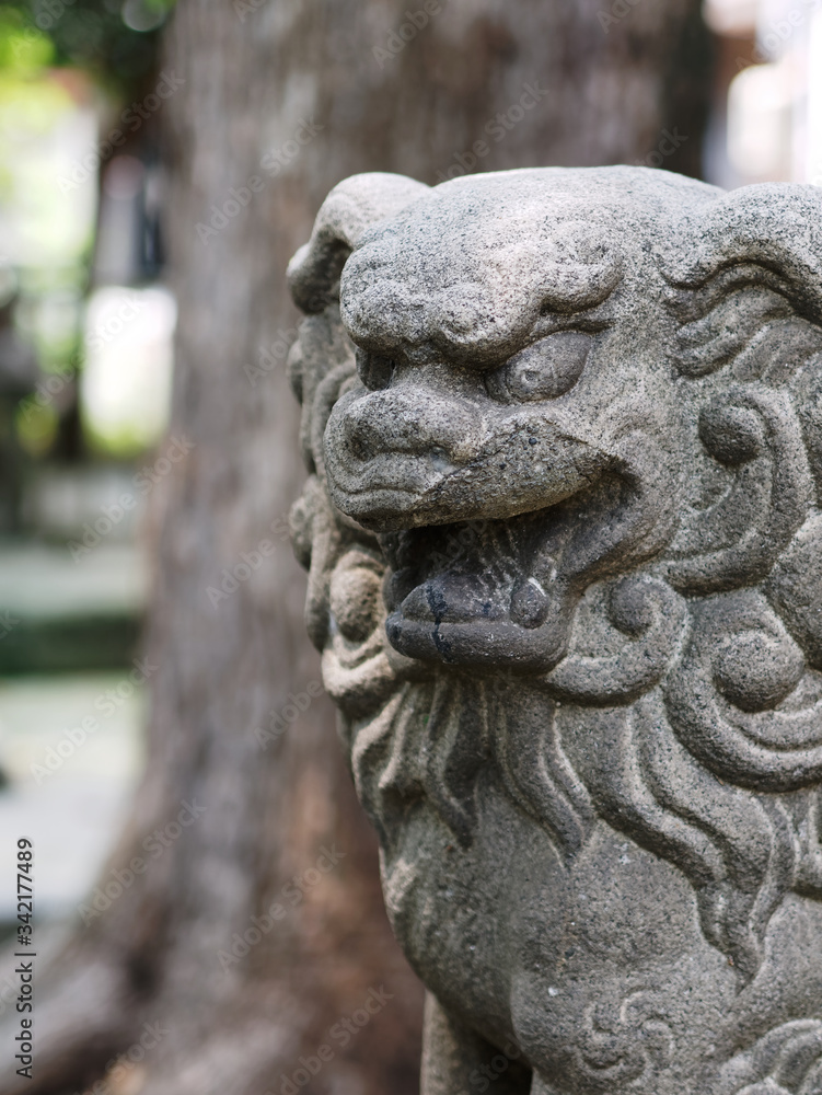 Close-up of Komainu or Japanese guardian lion dog statue.