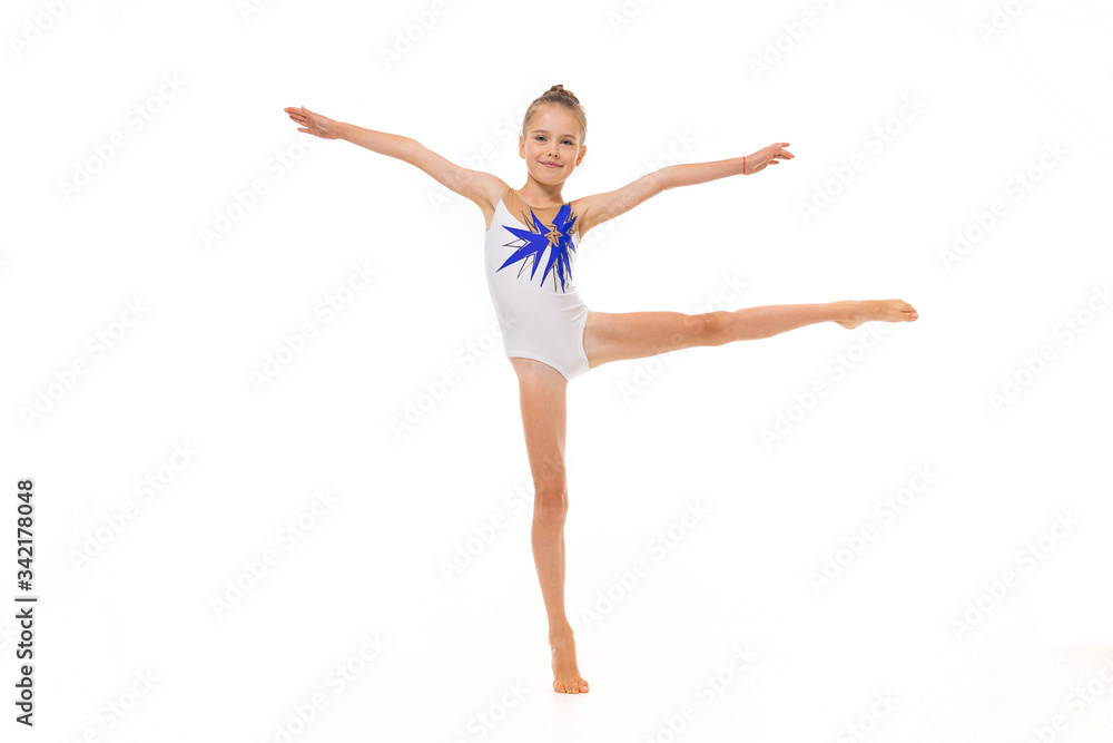 Beautiful girl gymnast in tights do some exercises isolated on white background Beautiful girl gymnast in tights do some exercises isolated on white background