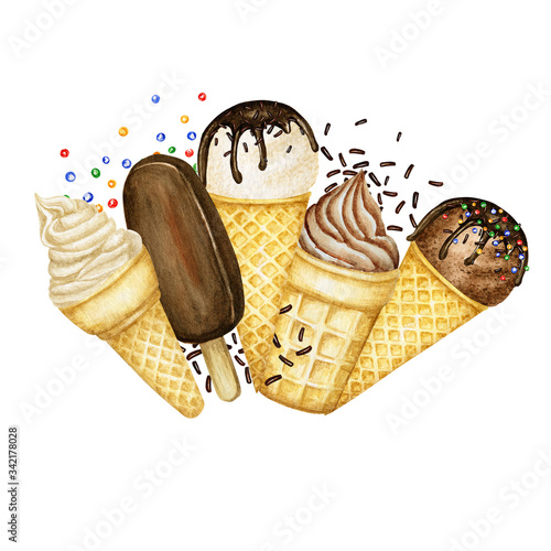 Ice lollys, Ice-cream scoops decorated with chocolate in waffle cone logo composition frame. Watercolor illustration isolated on white background. Vanilla, Chocolate ice cream balls