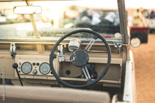 Interior of old Land Rover in the desert of Dubai - UAE