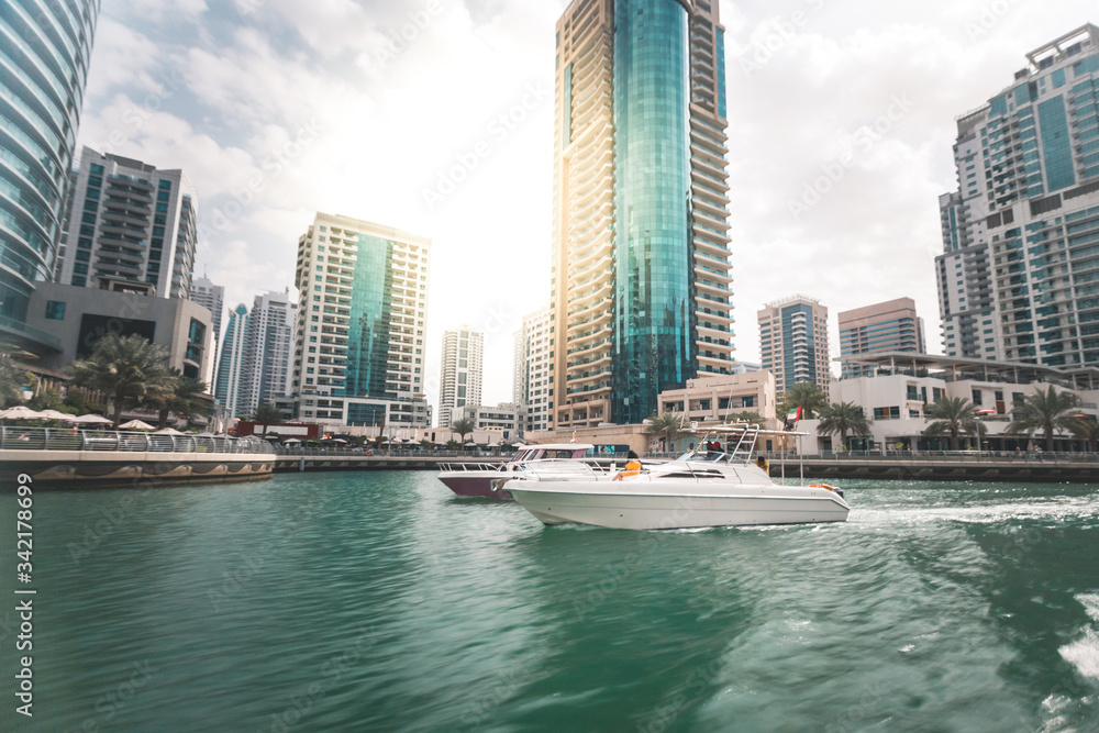 Fototapeta premium Marina with yacht and skyscrapers Dubai - UAE