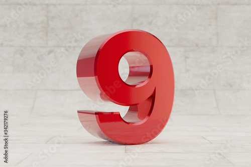 Red 3d number 9. Glossy red metallic number on stone tile background. 3d rendered font character.