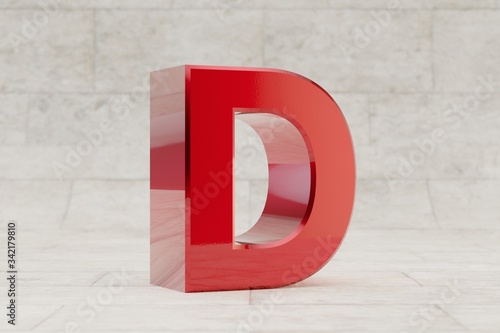 Red 3d letter D uppercase. Glossy red metallic letter on stone tile background. 3d rendered font character.