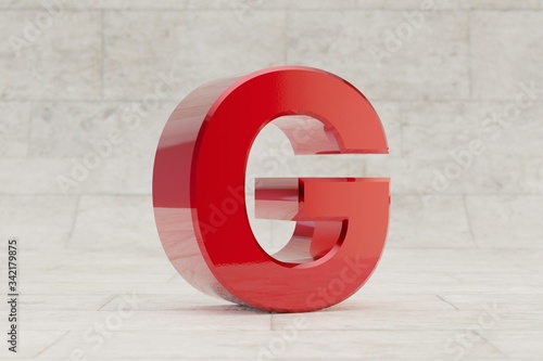 Red 3d letter G uppercase. Glossy red metallic letter on stone tile background. 3d rendered font character.
