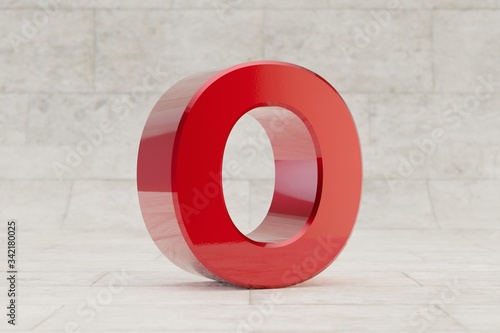 Red 3d letter O uppercase. Glossy red metallic letter on stone tile background. 3d rendered font character.