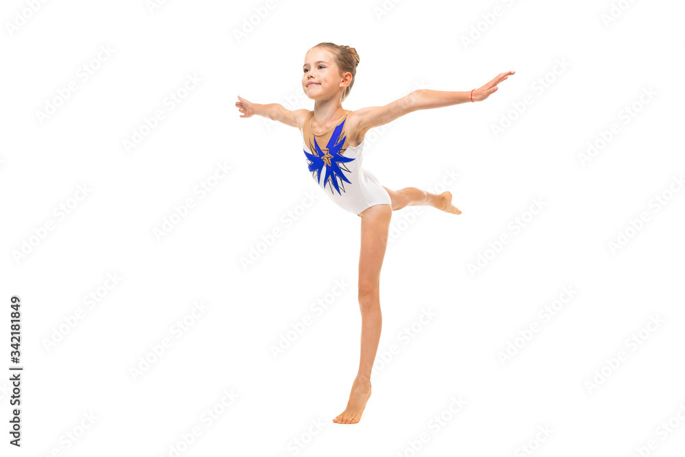 Beautiful girl gymnast in tights do some exercises isolated on white background Beautiful girl gymnast in tights do some exercises isolated on white background